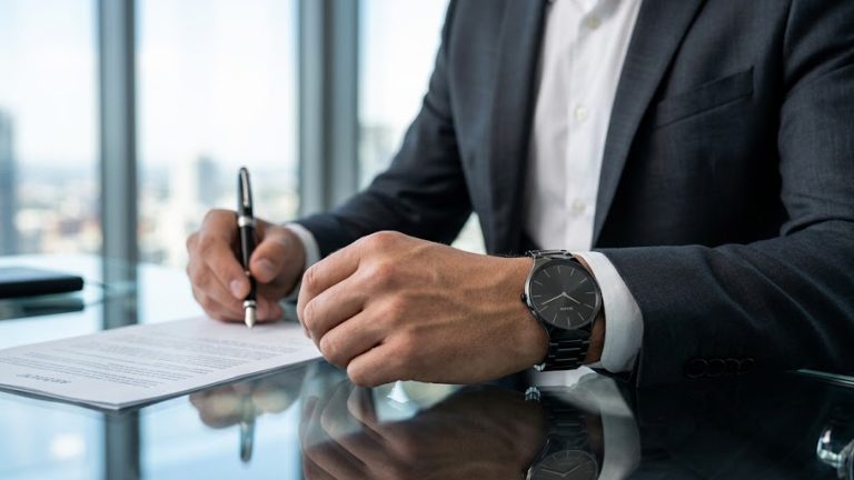 Executivo moderno assinando um documento em uma mesa de vidro, destacando no pulso um relógio Rado de cerâmica de alta tecnologia, modelo True preto.