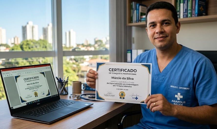 Profissional de enfermagem segurando o certificado de conclusão do curso livre de APH impresso a partir do formato PDF digital.
