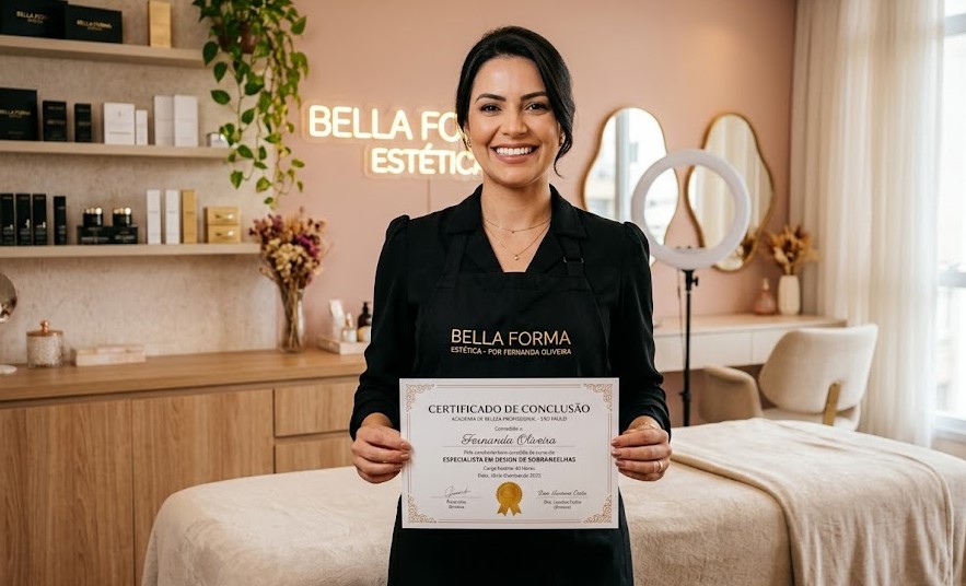 Profissional de sucesso segurando com orgulho o certificado de conclusão do Curso Sobrancelhas Perfeitas da Jéssica Soares Beauty Academy.