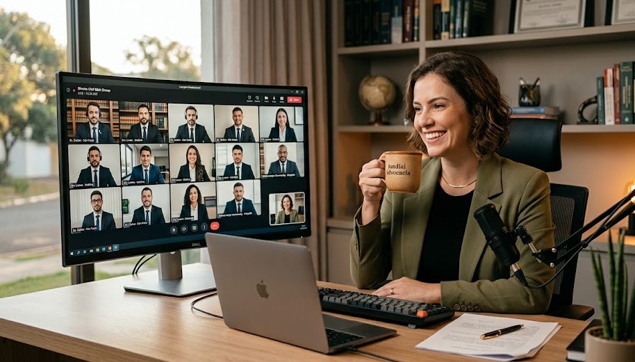 Profissional do direito participando de uma live do Café com Registro de Imóveis no notebook, interagindo com a maior comunidade de registro do país.