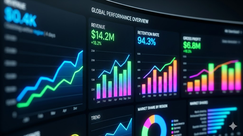Dashboard financeiro interativo criado no Power BI com painéis escuros e gráficos coloridos de análise de dados e KPIs.
