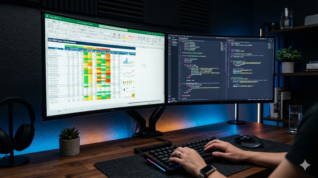 Tela de computador mostrando códigos de introdução ao VBA e planilhas complexas, ensinando a automatizar tarefas no curso completo de excel.