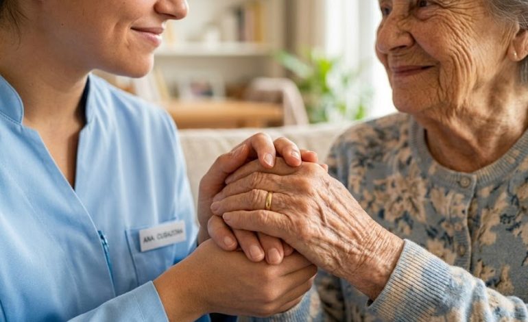 Cuidadora de idosos segurando a mão de um senhor, mostrando a importância do curso de cuidador de idosos para atuar com afeto e técnica.