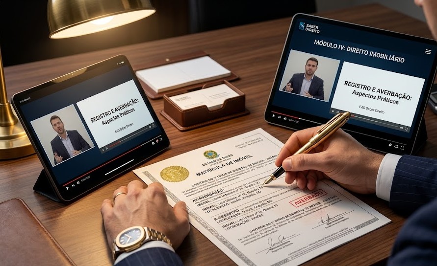 Documento de matrícula registral de imóvel sobre uma mesa de madeira, sendo analisada por um aluno do curso de direito imobiliário extrajudicial.