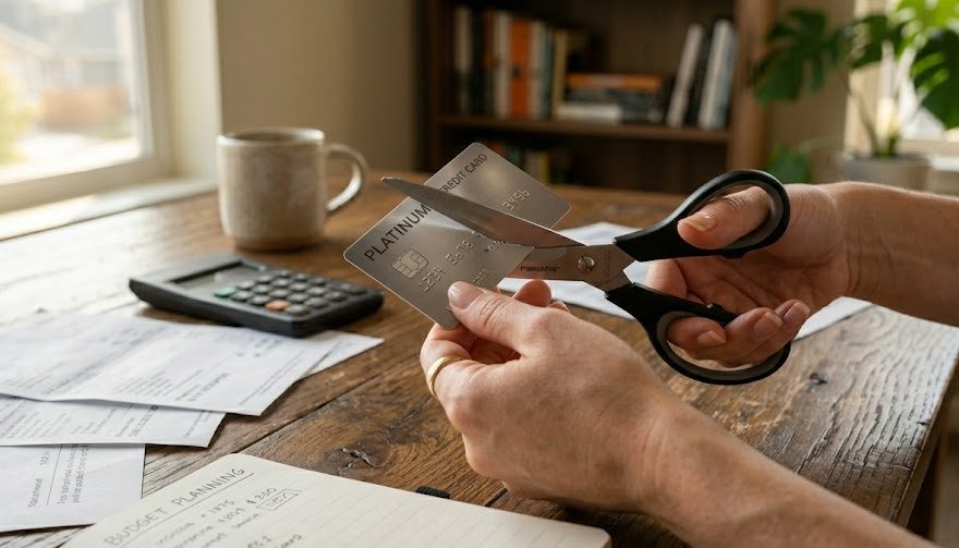 Documentos financeiros, uma calculadora e um cartão de crédito cortado sobre a mesa, simbolizando a renegociação de dívidas com descontos de até 95%.