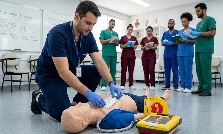 Instrutor do curso de formação ensinando manobras de RCP e o uso do Desfibrilador Externo Automático (DEA) em um manequim de treinamento médico.