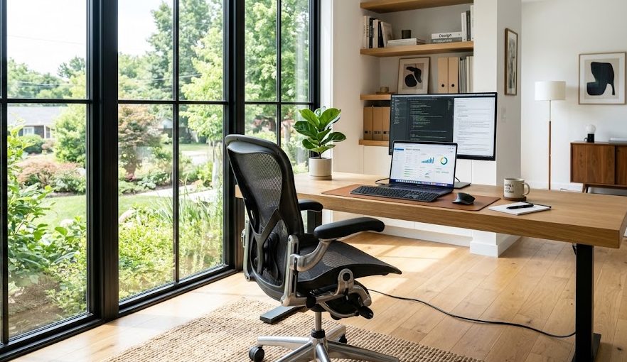 Cadeira de Escritório Ergonômica Home office moderno e bem iluminado com uma cadeira de escritório ergonômica de tela mesh preta posicionada de frente para uma mesa com notebook.