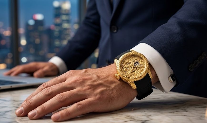Homem vestindo traje esporte fino usando um relógio Invicta Yakuza original no pulso, destacando o design do dragão e a pulseira de silicone.