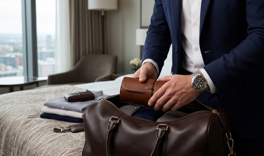 relogio omega relogio omega: Homem arrumando uma mala de viagem e segurando um estojo cilíndrico de couro para relógios.