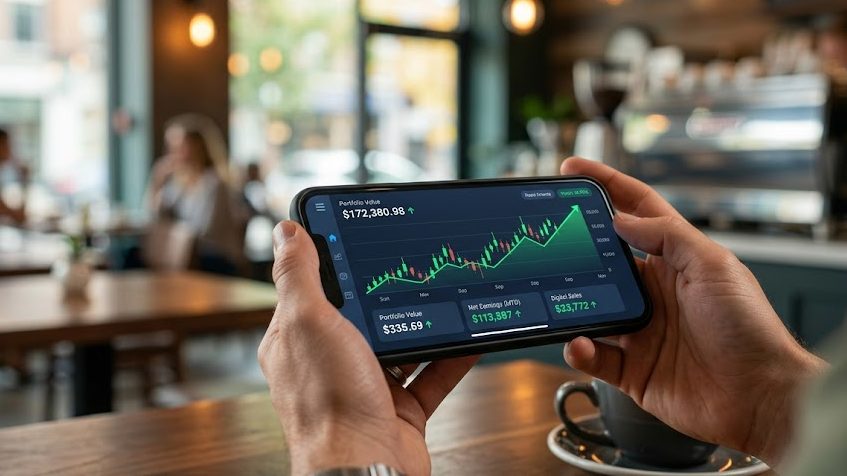 Uma xícara de café ao lado de um smartphone com o aplicativo da Hotmart aberto, simbolizando a segurança na compra e o suporte do curso Thomasflix.