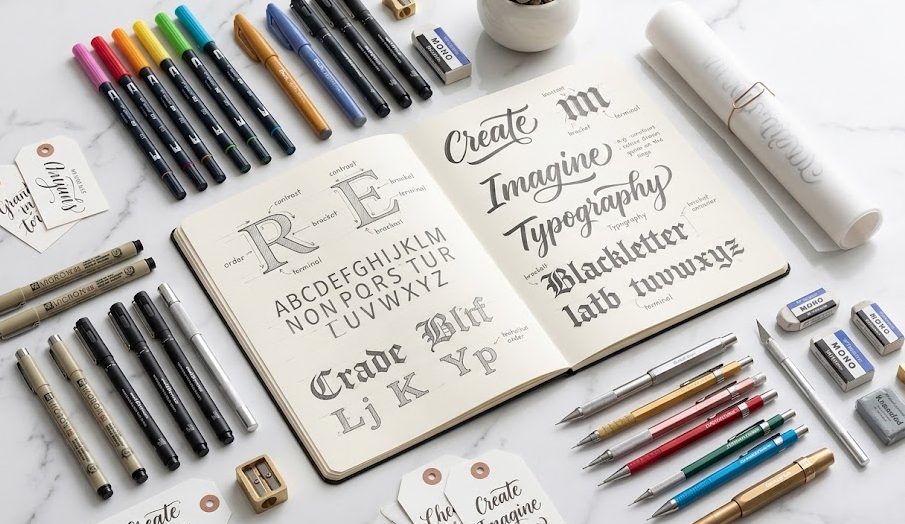 Diversos materiais usados para caligrafia e lettering organizados sobre uma mesa de madeira, incluindo canetas brush, lápis, réguas e rascunhos.