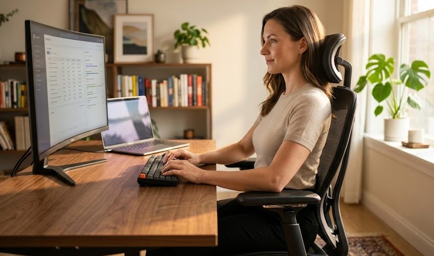 Cadeira de Escritório Ergonômica Comparativo lado a lado de uma cadeira de escritório presidente preta executiva e uma cadeira gamer ergonômica moderna.