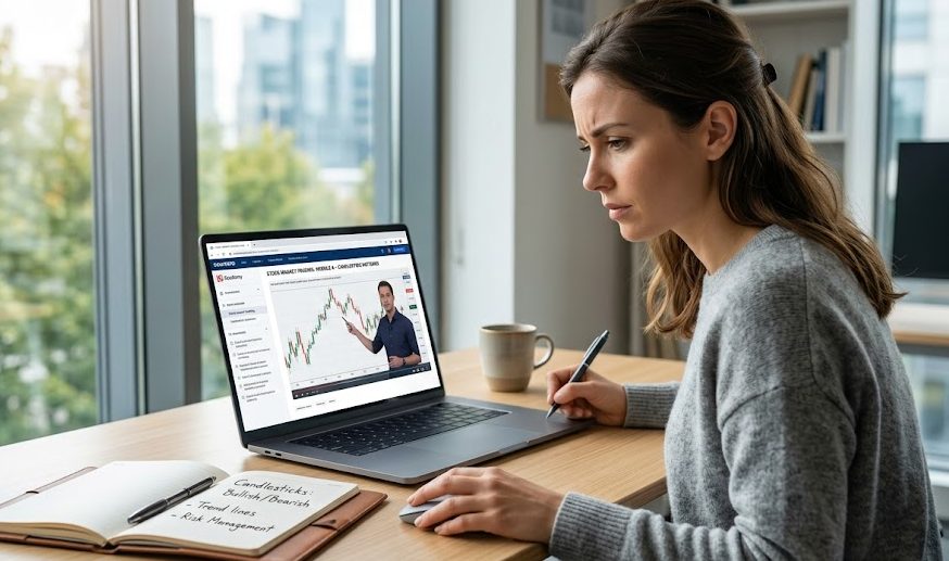 Aluno focado estudando estratégias de Forex e Bitcoin pelo notebook, acessando o curso Thomasflix através da plataforma Hotmart.