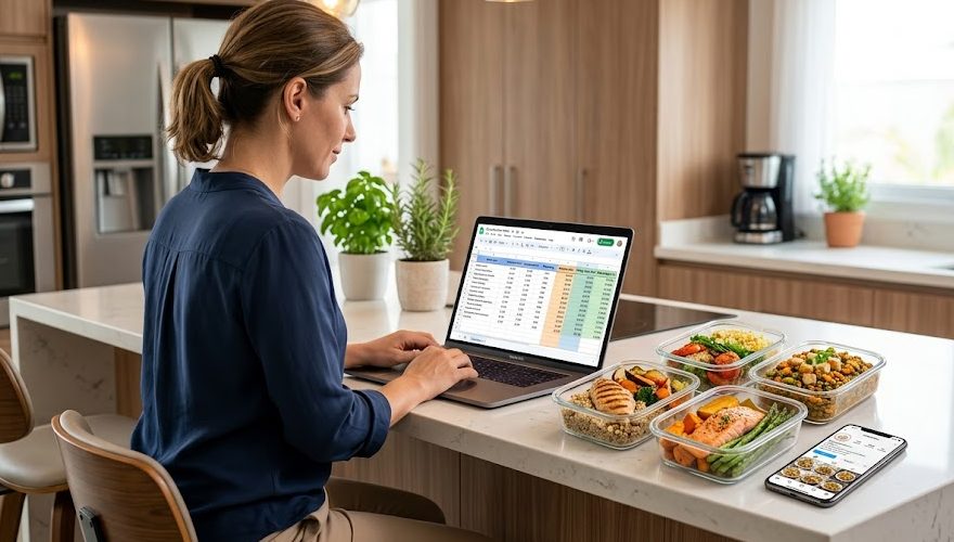 Empreendedor da área de gastronomia utilizando um notebook na cozinha para fazer a precificação e o planejamento do seu negócio de marmitas fitness.