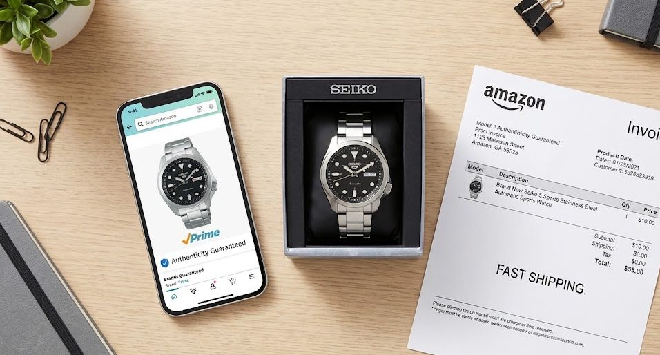 Relógio Seiko 5 Sport original descansando sobre sua almofada na caixa oficial, ao lado de um smartphone mostrando o site da Amazon e uma nota fiscal impressa.