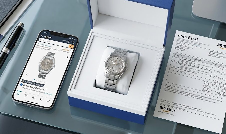 Relógio Seiko original dentro de sua clássica embalagem branca e azul, posicionado sobre uma escrivaninha de vidro ao lado de um smartphone com o aplicativo da Amazon aberto e uma nota fiscal.