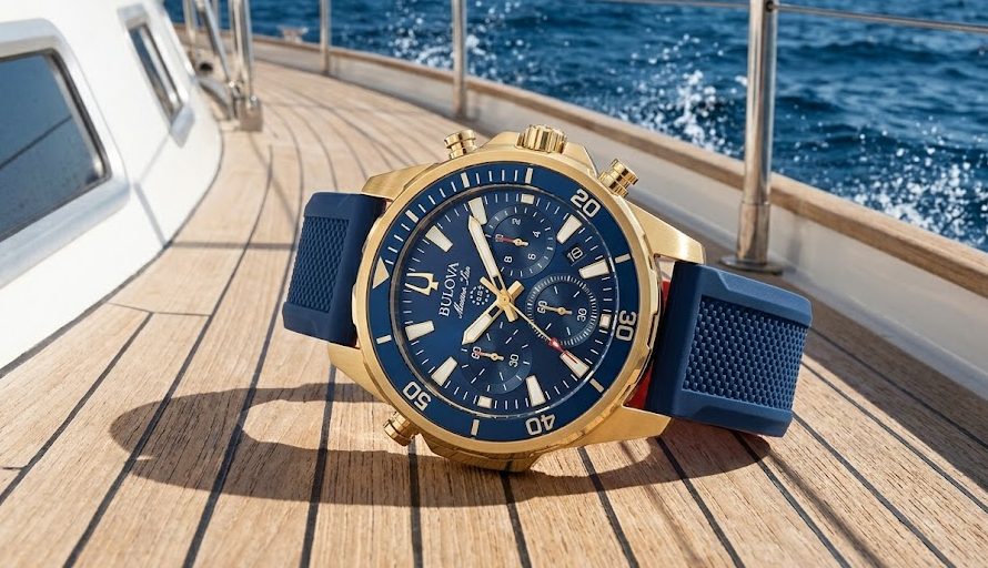 Fotografia de alta qualidade de um Relógio Bulova Masculino cronógrafo no deck de madeira teca de um iate de luxo, com mostrador azul profundo, detalhes em ouro, pulseira de silicone azul texturizada e respingos de água do mar ao fundo.