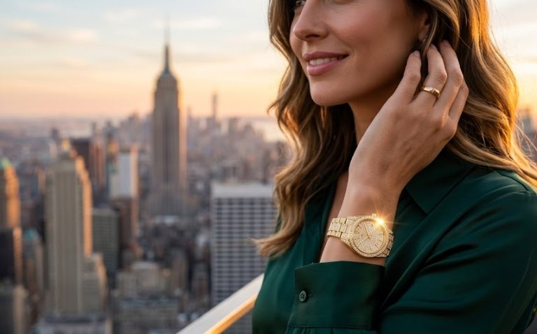 Mulher elegante no pôr do sol arrumando o cabelo, destacando no pulso um imponente relógio Guess dourado feminino cravejado de cristais.