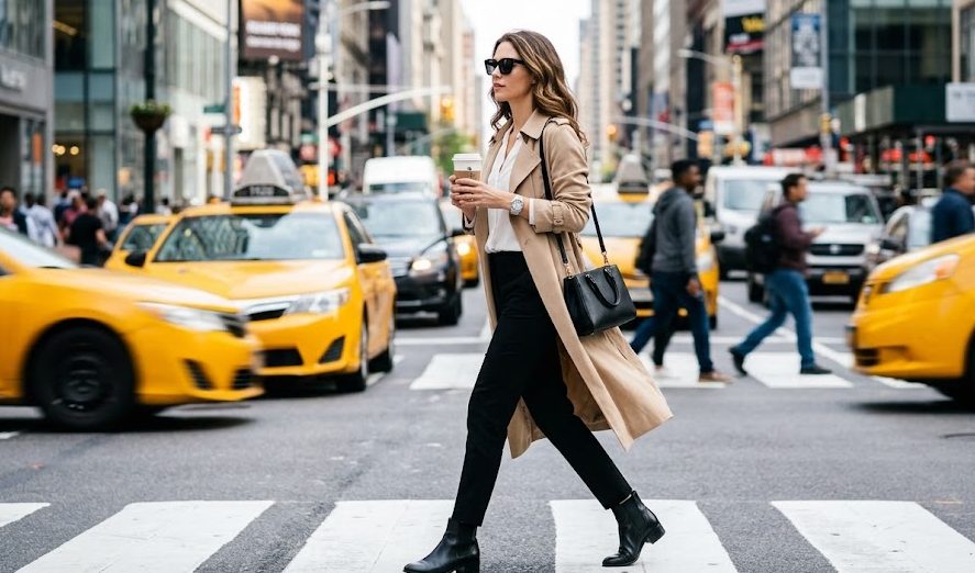 Executiva moderna atravessando uma avenida movimentada segurando um café, exibindo um relógio Guess feminino original na cor prata em aço inoxidável.