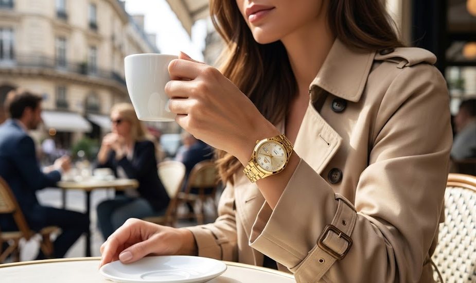Relógio Orient Mulher sofisticada segurando uma xícara de café em um bistrô iluminado, usando um luxuoso relógio Orient feminino dourado no pulso.