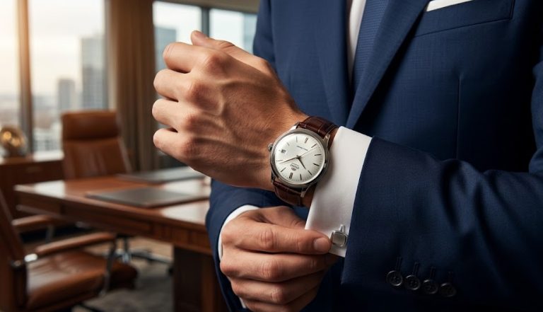 Homem vestido com um terno azul-marinho alinhando a abotoadura, com foco no pulso que exibe um clássico relógio Orient masculino original de mostrador branco e pulseira de couro.