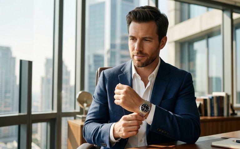 Homem jovem e elegante com um blazer azul marinho, ajustando no pulso um relógio Seiko 5 Automático original de mostrador preto e pulseira de aço inoxidável.