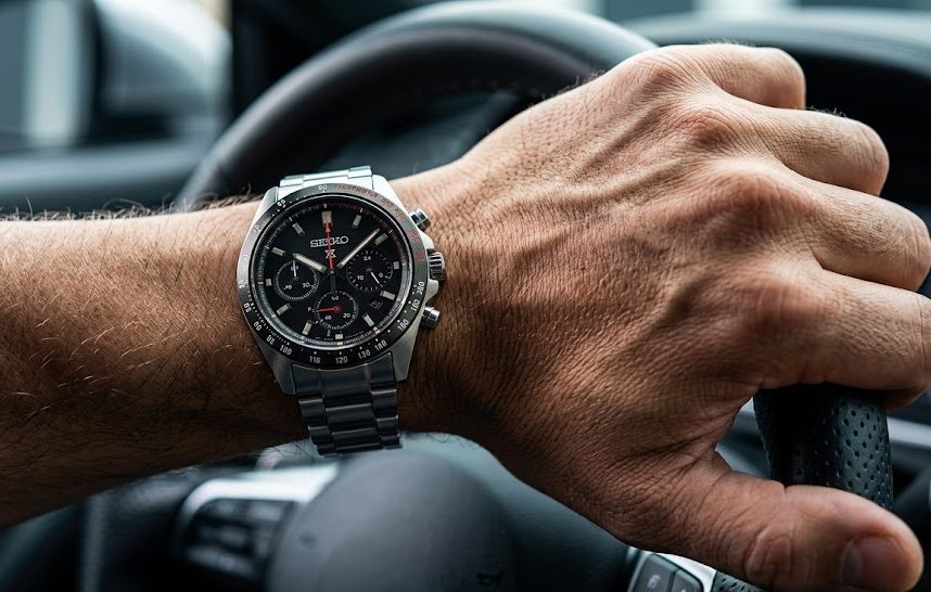 relógio Seiko solar Close-up de um relógio Seiko solar cronografo robusto com mostradores secundários pretos e vermelhos, no pulso de um homem a segurar o volante de um carro.