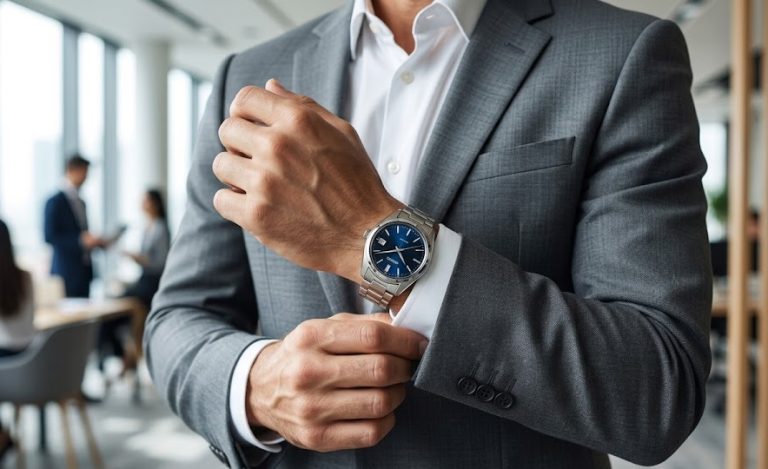 Homem de negócios com terno cinza ajustando o punho da camisa, destacando um elegante relógio Seiko original com mostrador azul profundo e pulseira de aço inoxidável.