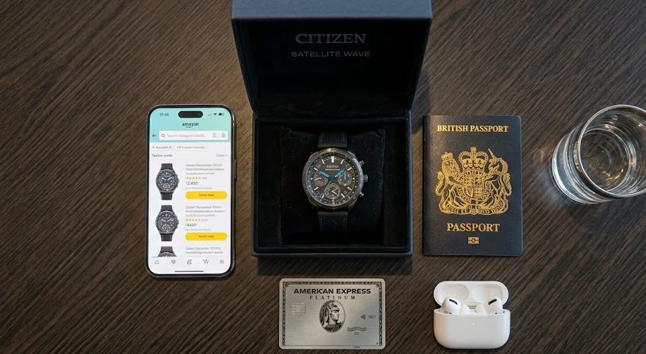 Relógio Seiko GPS esportivo autêntico dentro da sua caixa oficial, ao lado de um smartphone aberto no aplicativo da Amazon e um passaporte sobre uma mesa de aeroporto.