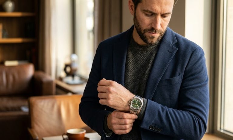 Homem ajustando um relógio Seiko masculino automático com um sofisticado mostrador verde e pulseira de aço, vestindo um suéter de tricot e blazer.
