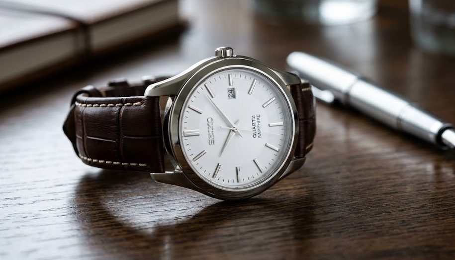 Close-up de um relógio Seiko masculino clássico com pulseira de couro marrom e mostrador branco texturizado, repousando sobre uma mesa de carvalho polido.