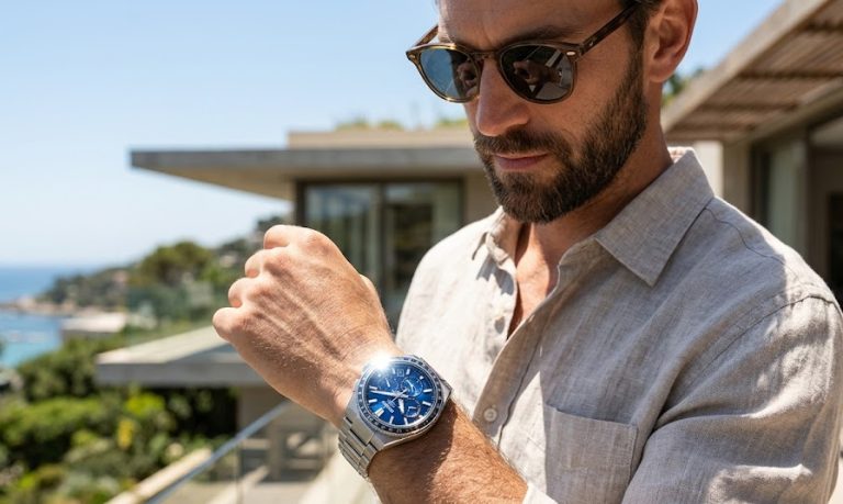 Homem na rua num dia ensolarado, a olhar para o seu relógio Seiko Solar com mostrador azul profundo que capta a luz natural, vestido de forma casual *chic*.
