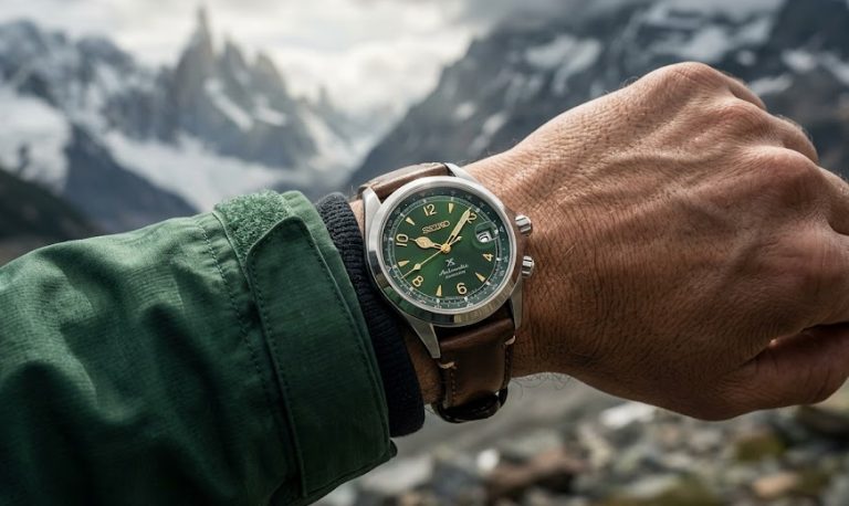 Homem com equipamento de montanhismo vestindo uma jaqueta impermeável, verificando as horas em um luxuoso relógio Seiko Prospex Alpinist com mostrador verde e bússola interna.