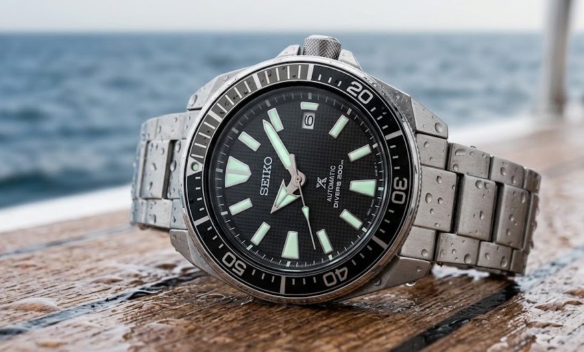 Close-up de um relógio de mergulho robusto de aço inoxidável, com formato angular parecido com o Seiko Samurai, respingado de água sobre o deck de um barco.