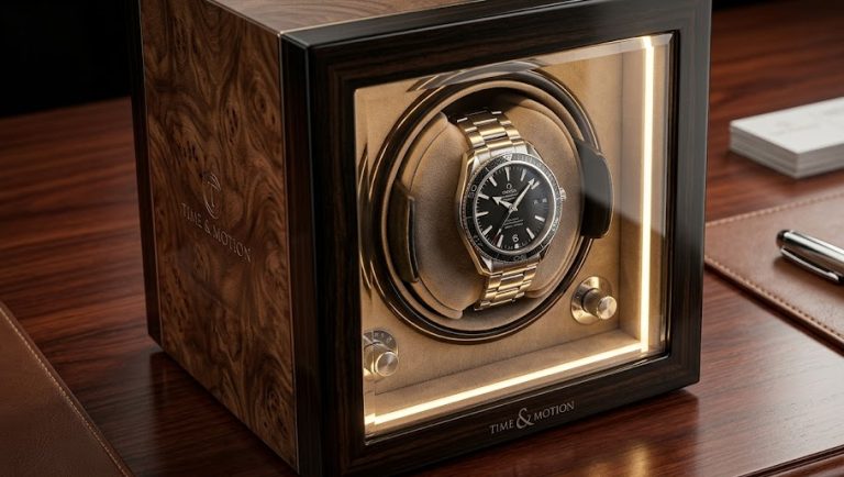 Relógio masculino estilo Omega girando dentro de um estojo de luxo Watch Winder de madeira polida.
