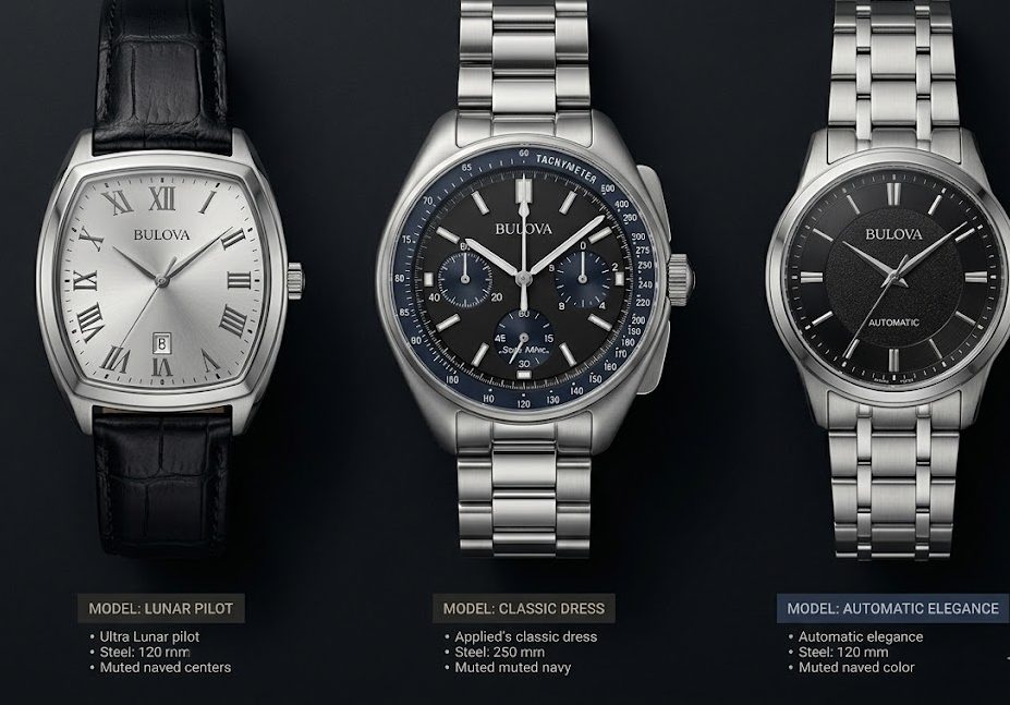 Bulova Lunar Pilot ao lado de outros rel&oacute;gios Bulova em composi&ccedil;&atilde;o flat lay