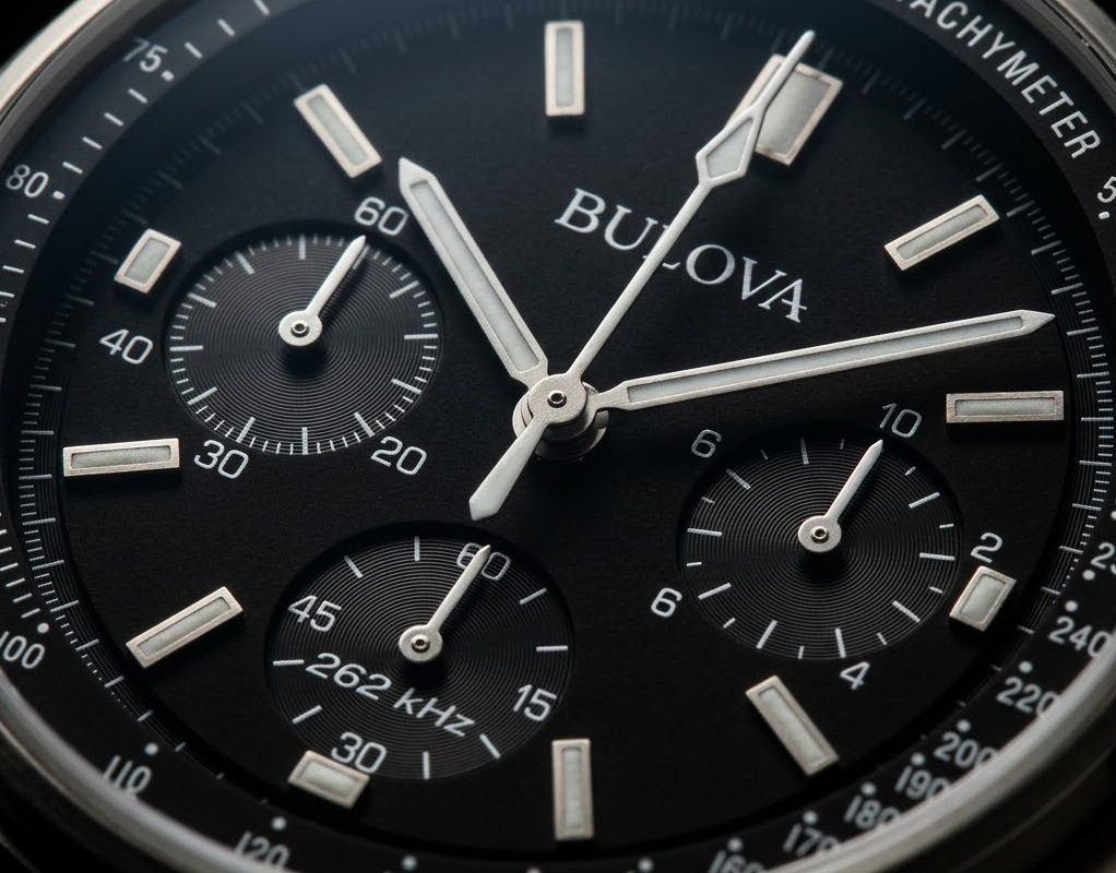 Close-up do mostrador do Bulova Lunar Pilot com subdials e detalhes t&eacute;cnicos