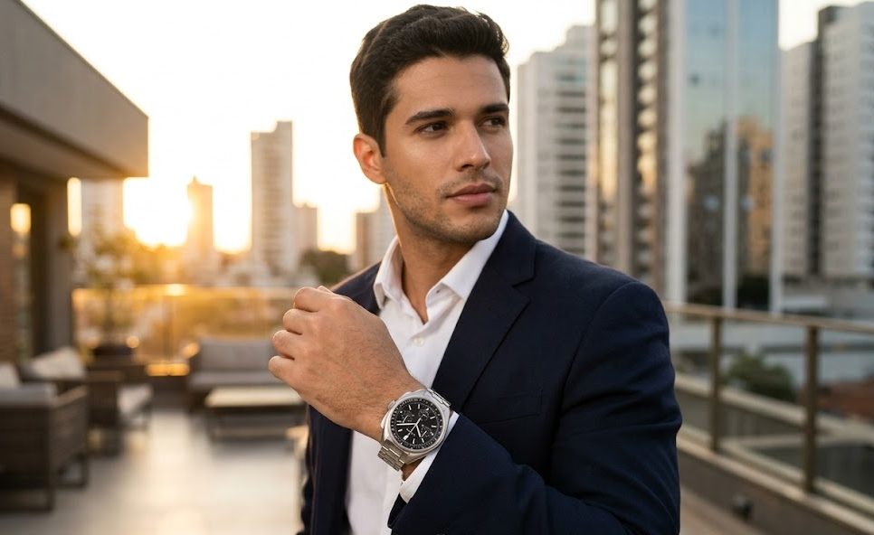Homem usando rel&oacute;gio Bulova Lunar Pilot em ambiente urbano sofisticado