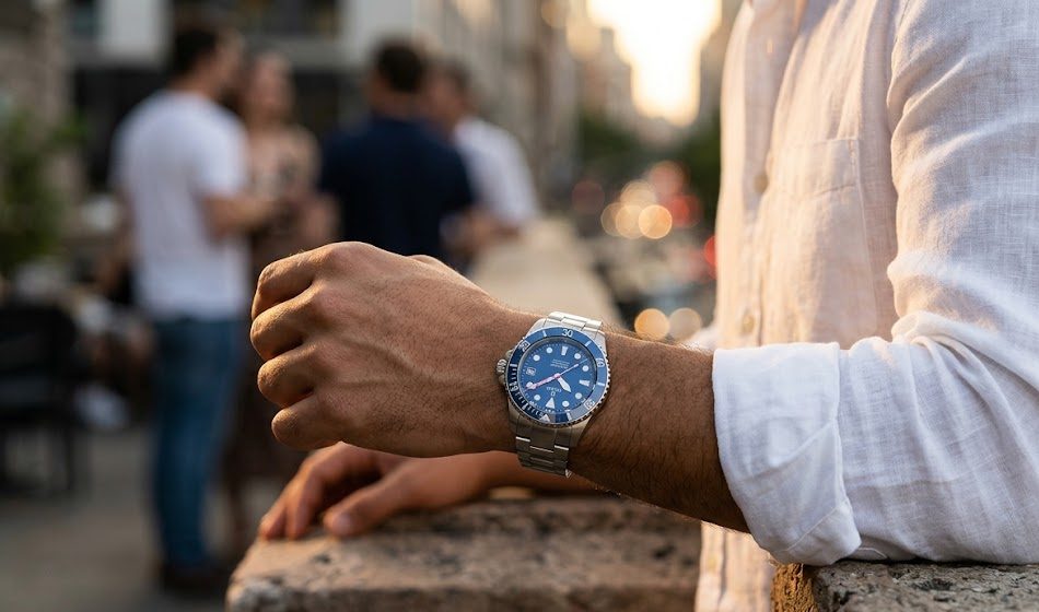 Homem usando rel&oacute;gio Bulova Marine Star no pulso em ambiente casual premium
