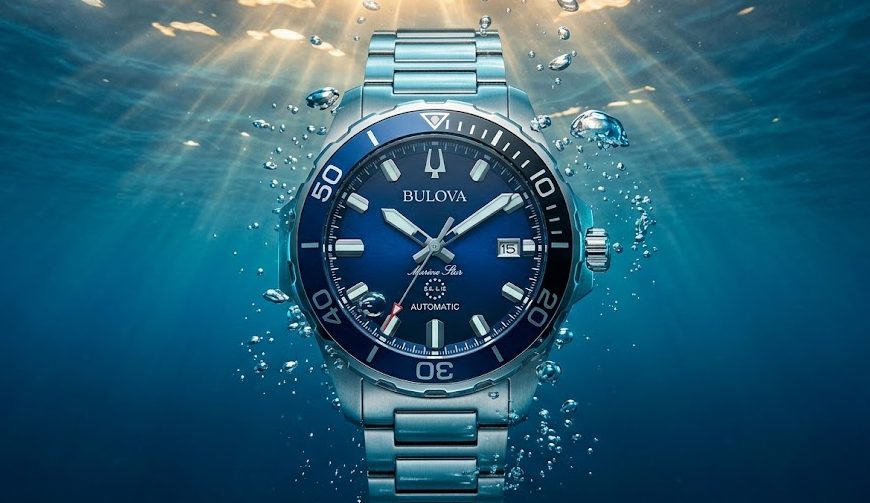 Relógio Bulova Marine Star submerso em água cristalina com bolhas ao redor