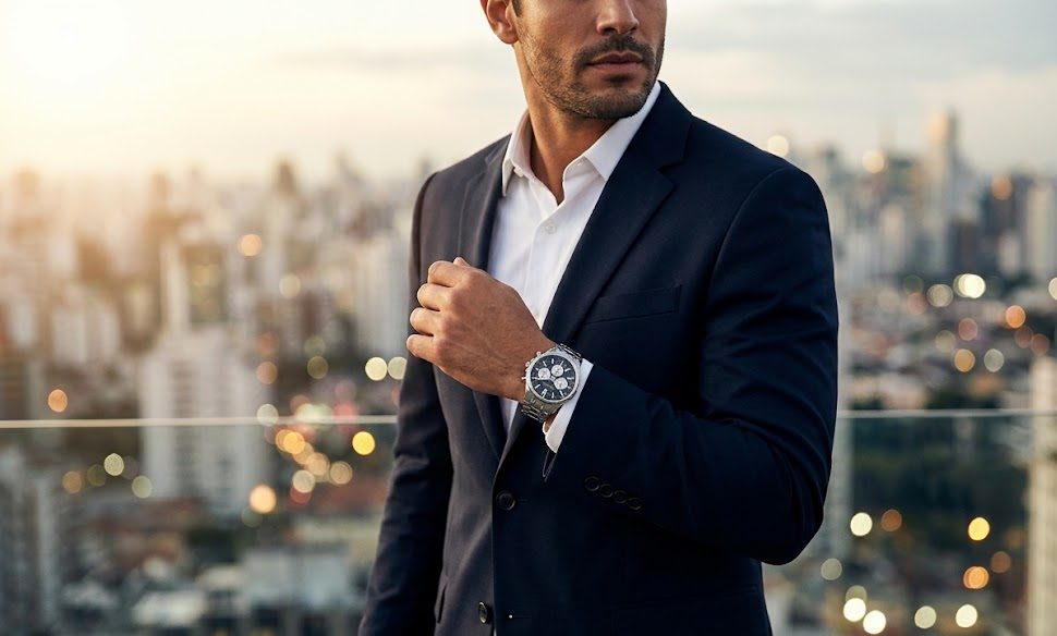 Homem com relógio Bulova masculino no pulso usando roupa social em ambiente urbano