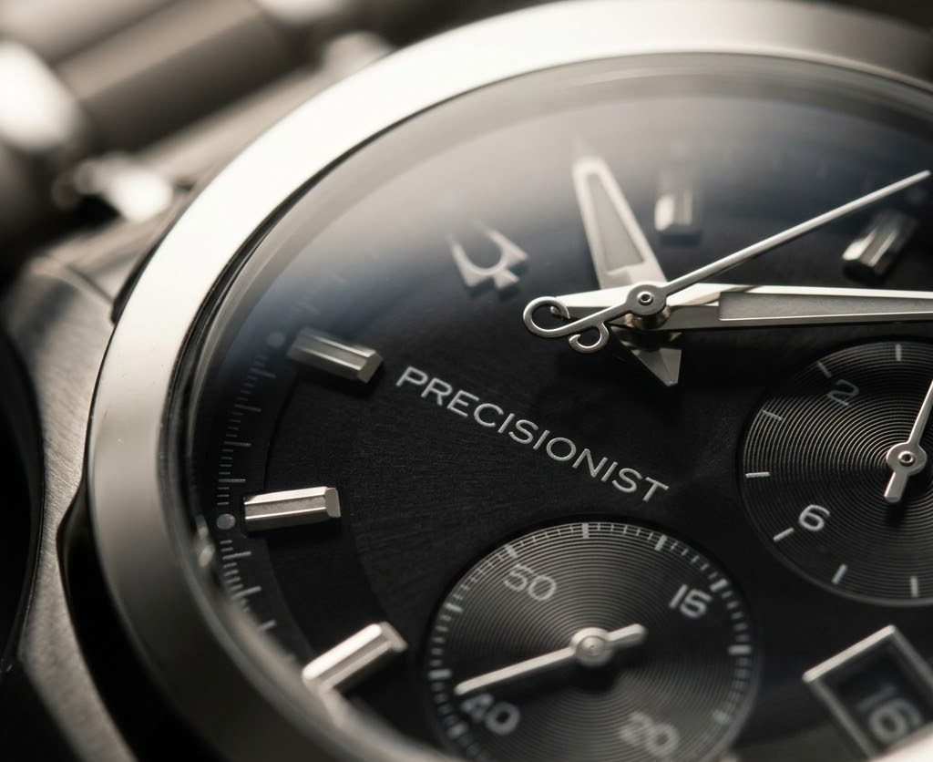 Detalhe do mostrador do relógio Bulova Precisionist com ponteiros e índices em close extremo