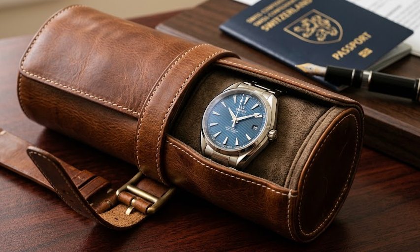 Relógio Omega Seamaster Rolo de viagem em couro legítimo marrom exibindo um relógio estilo Omega Aqua Terra em cima de uma mesa de escritório.