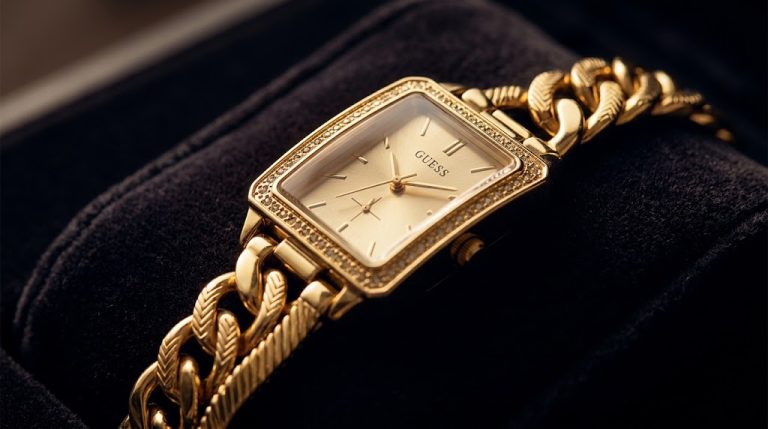 Macro de um relógio Guess feminino dourado com bracelete grosso em formato de corrente de joalheria.