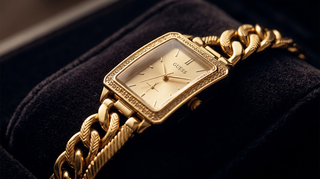 Macro de um relógio Guess feminino dourado com bracelete grosso em formato de corrente de joalheria.