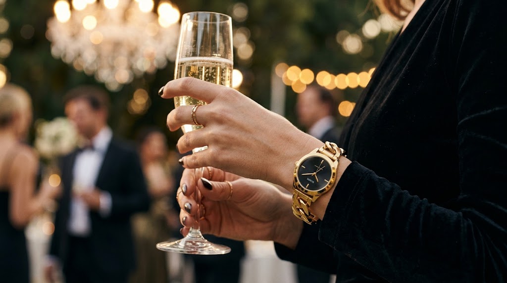 Mulher elegante em uma festa noturna segurando uma taça de champanhe e usando um relógio Guess bracelete dourado e preto