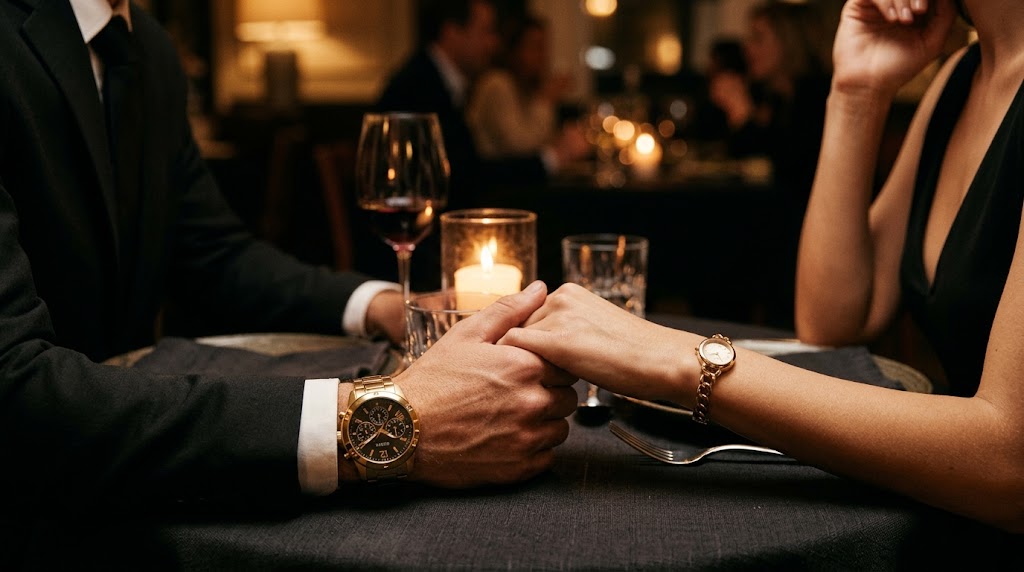 Casal elegante usando relógios Guess dourados em um jantar de luxo