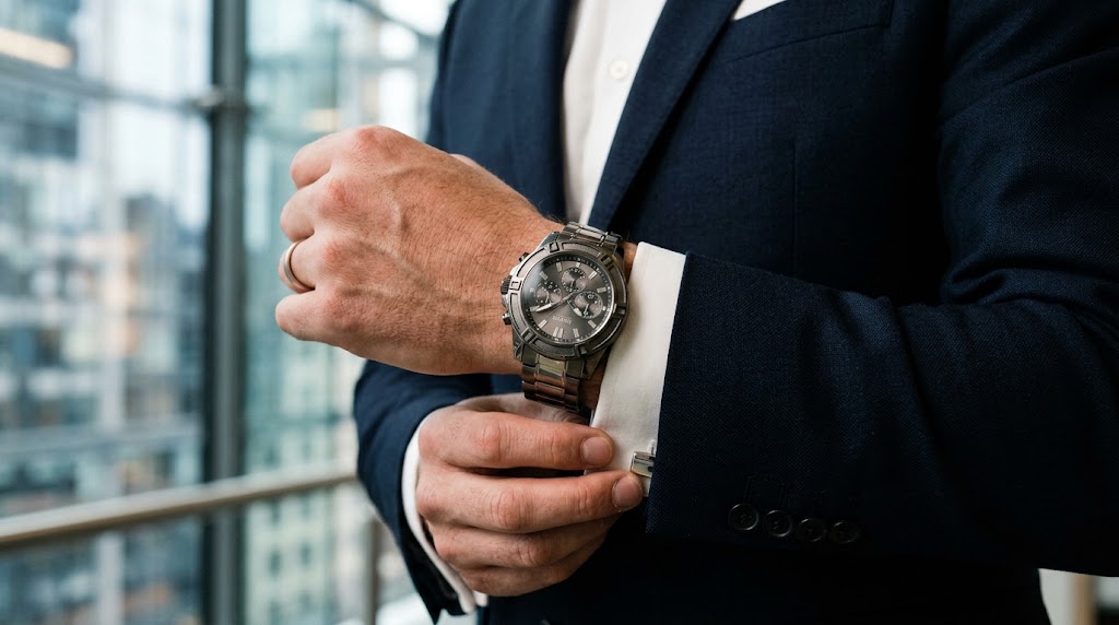 Relógio Guess masculino de aço inox escovado no pulso de um homem vestindo terno azul marinho.