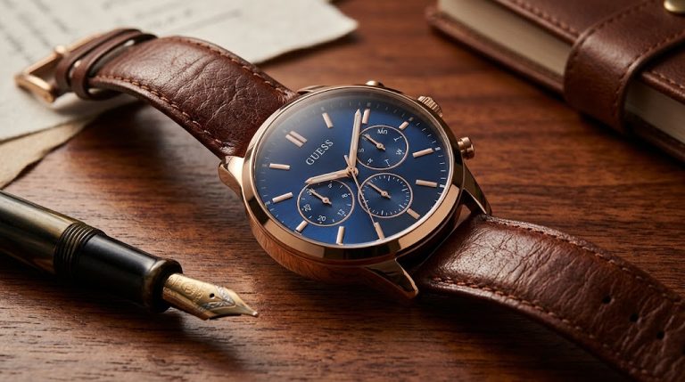 Macro de um relógio Guess masculino com pulseira de couro marrom e mostrador azul sobre uma mesa de madeira.