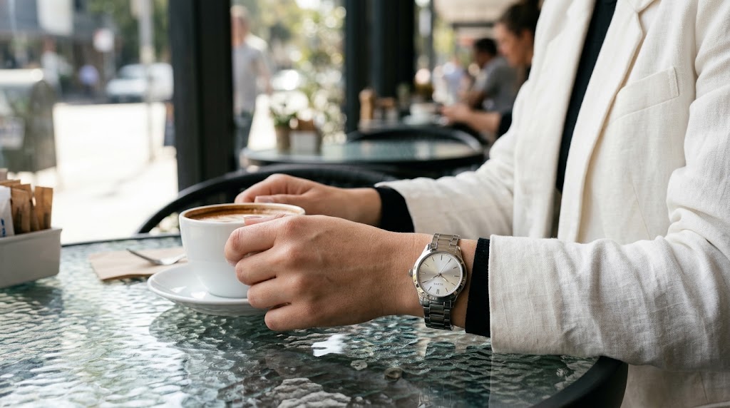 Mulher elegante vestindo blazer branco usando um relógio Guess prata liso enquanto toma café